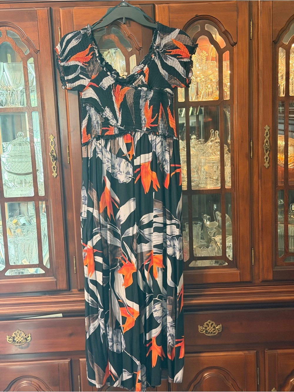 Patrons of Peace Navy Blue Floral Jumpsuit with Orange Accent